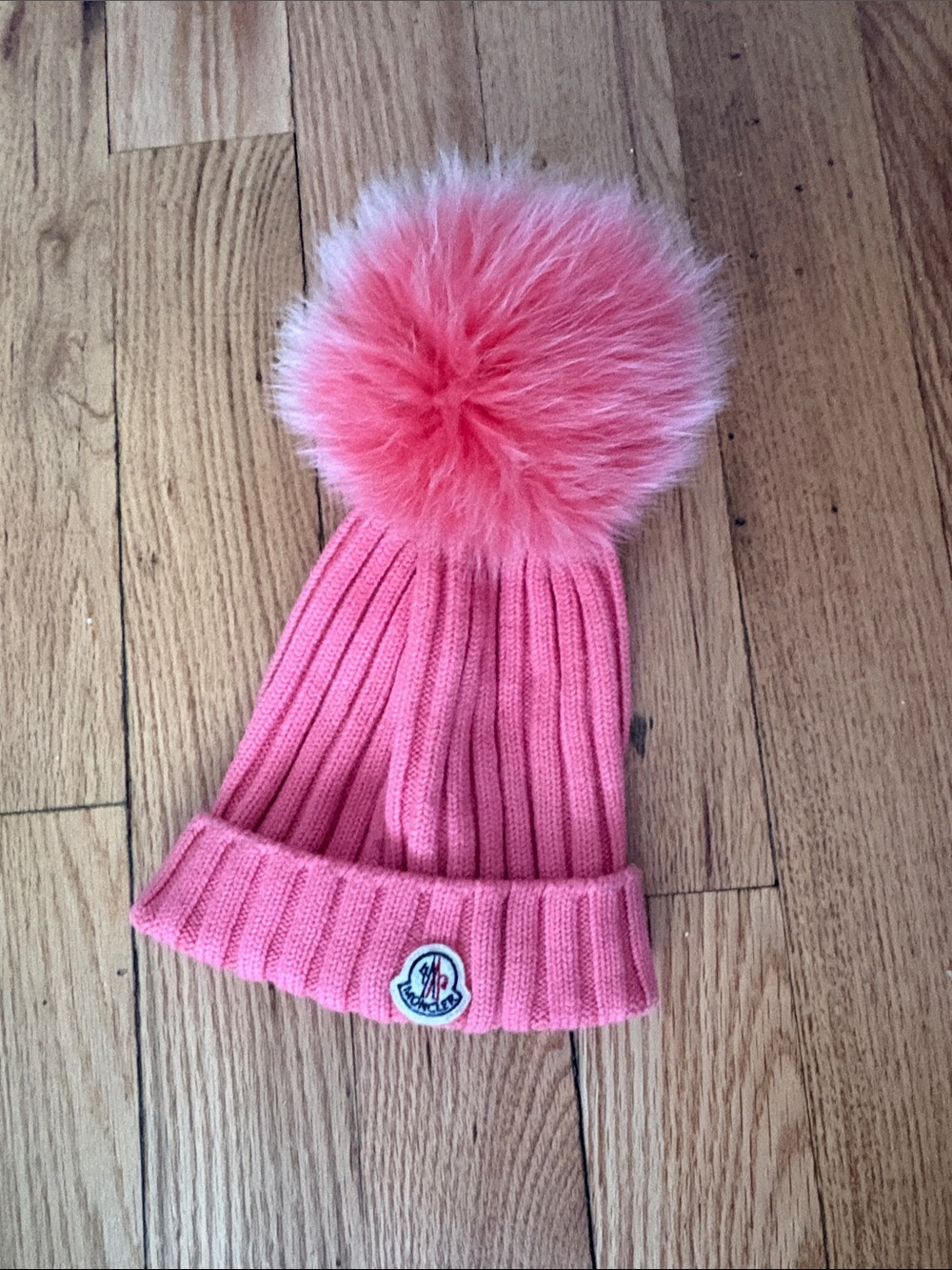 Moncler Womens Pink Rib-Knit Pom Pom Beanie